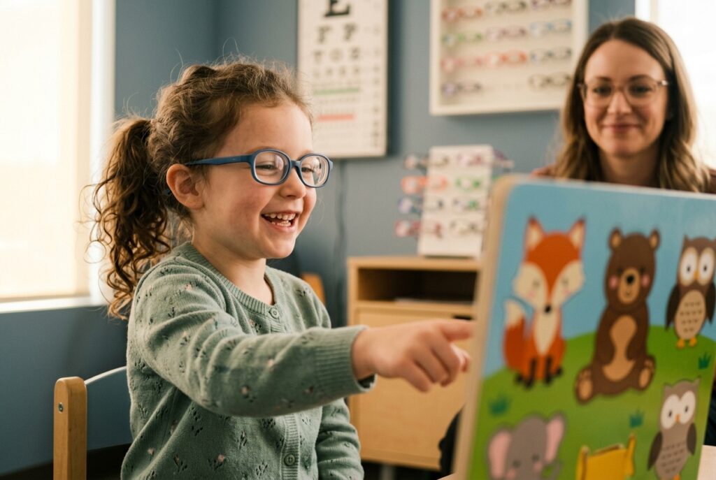 Smiling child in blue glasses points at an animal picture board shown by an optometrist in an eye clinic with an eye chart and frame displays.