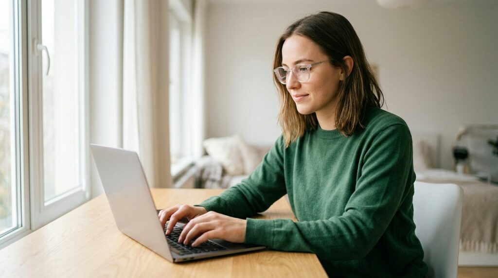 Person with eyeglasses is looking at a laptop screen.