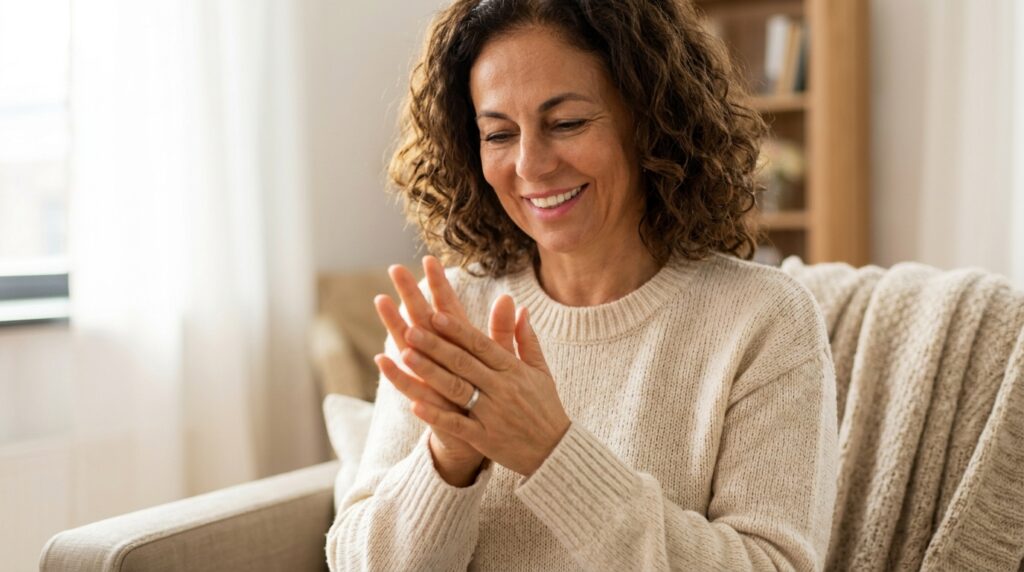 Person rubbing palms together to generate warmth for a soothing eye relaxation technique.