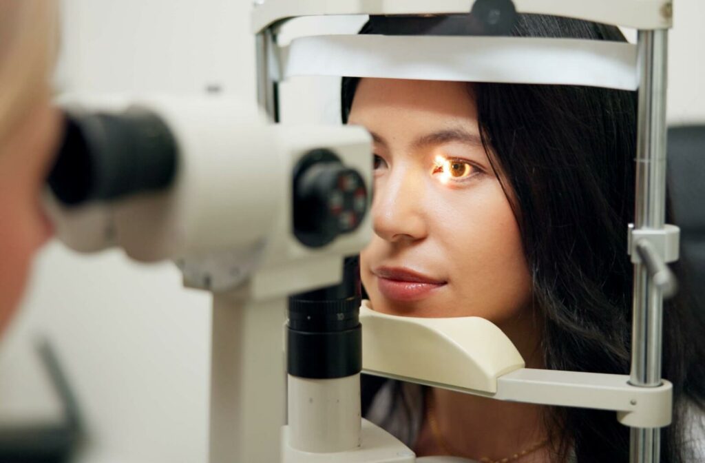 A woman gets her eyes checked at her biannual eye exam.