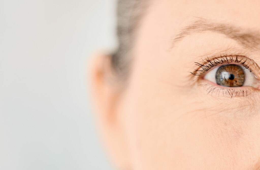 A close up of a woman's eye before an eye exam