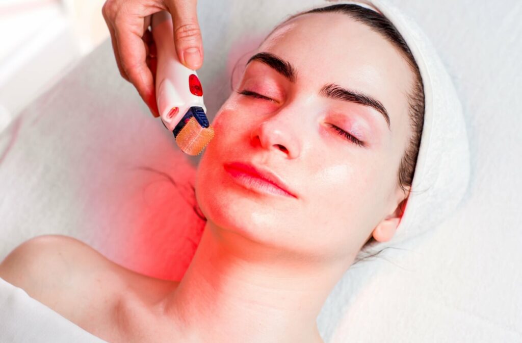 A close-up of an adult undergoing a red light therapy facial treatment using a specialized handheld device