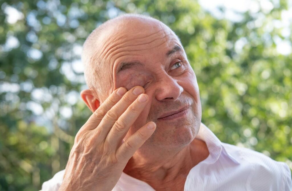 A man rubbing his eye while squinting outdoors, possibly experiencing discomfort or irritation