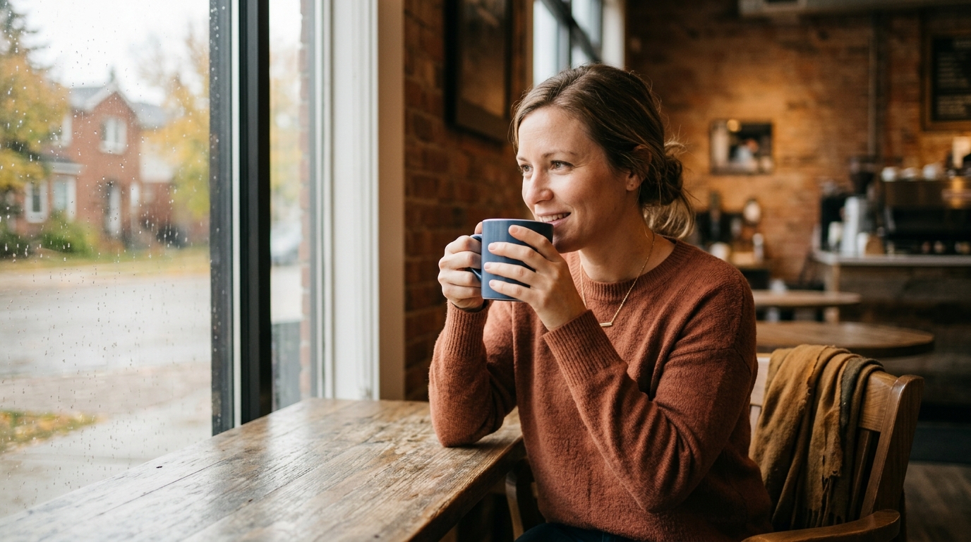 Steaming cup of coffee with scattered coffee beans on a wooden surface