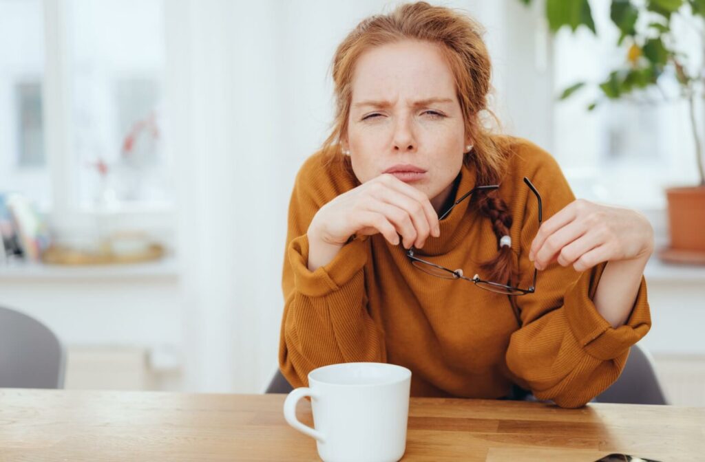 A person squinting as they hold their glasses to try and see clearly.