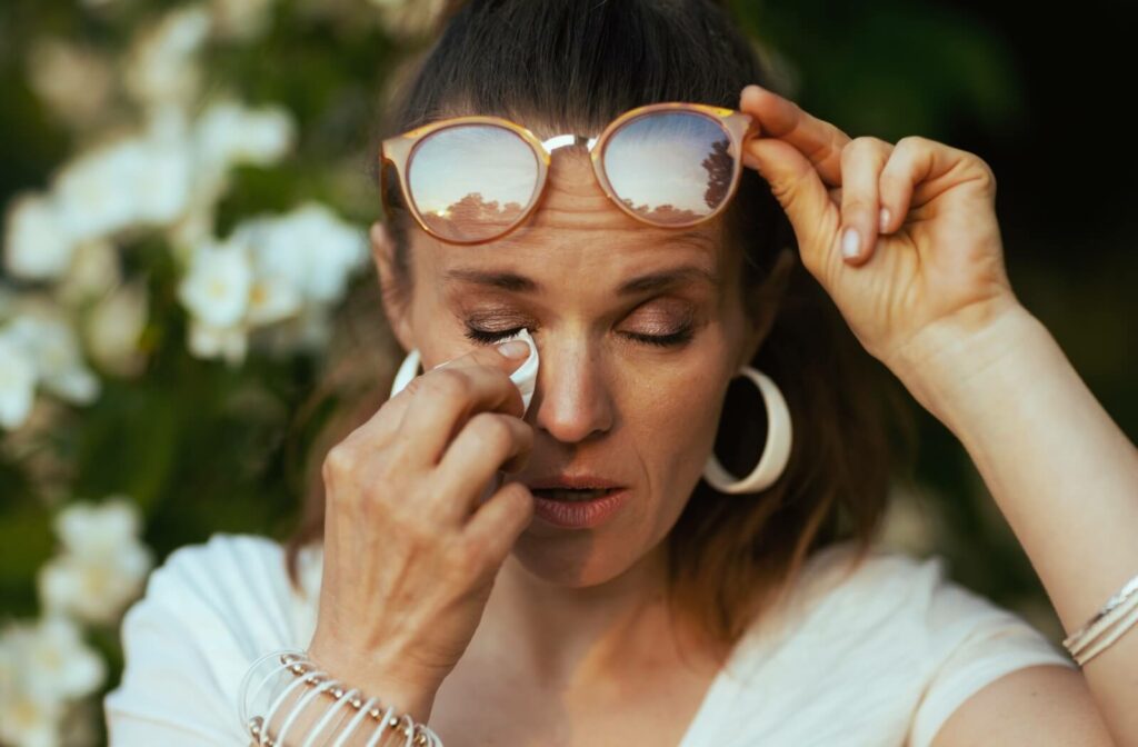 Woman wiping her eye with a tissue while lifting sunglasses, experiencing stinging or irritated eyes outdoors.
