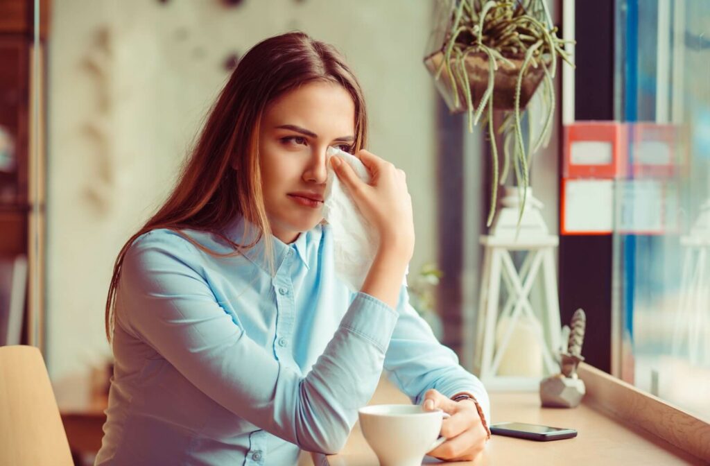 Woman sitting in a café, wiping her eye with a tissue due to stinging or irritated eyes.