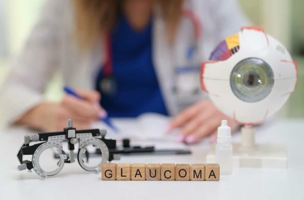 Close-up of glaucoma concept with eye model and diagnostic tools