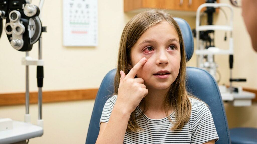 Close-up of a pink, irritated eye with a finger gently pointing toward it, highlighting signs of eye discomfort.
