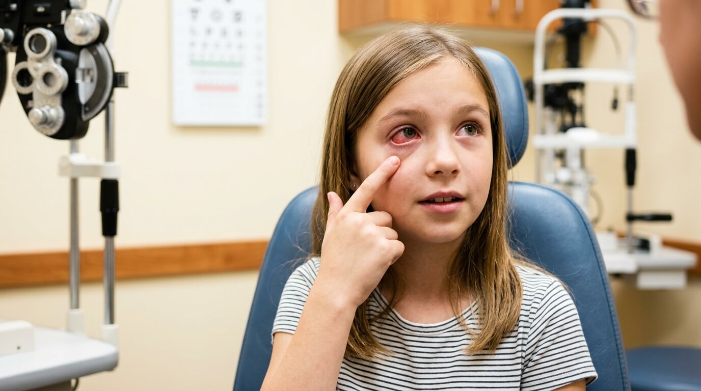 Close-up of a pink, irritated eye with a finger gently pointing toward it, highlighting signs of eye discomfort.