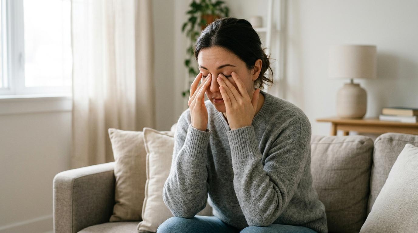 A person rubbing their eyes while at home, showing signs of eye strain or discomfort.