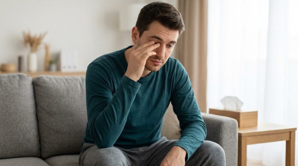 A person rubbing their eye at home, possibly experiencing eye discomfort or irritation