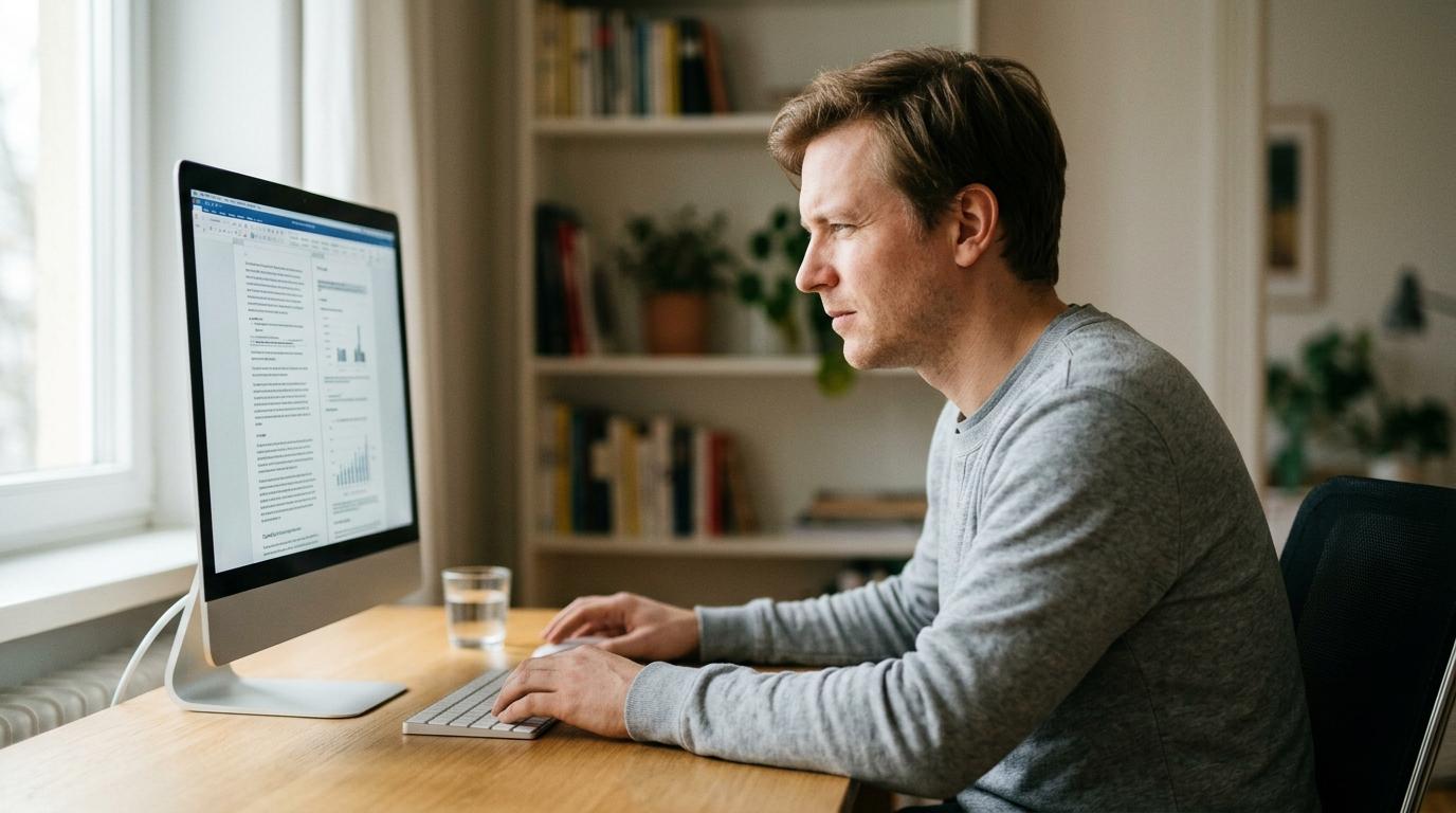 Person sitting at a desk, looking attentively at a computer screen in a modern workspace.