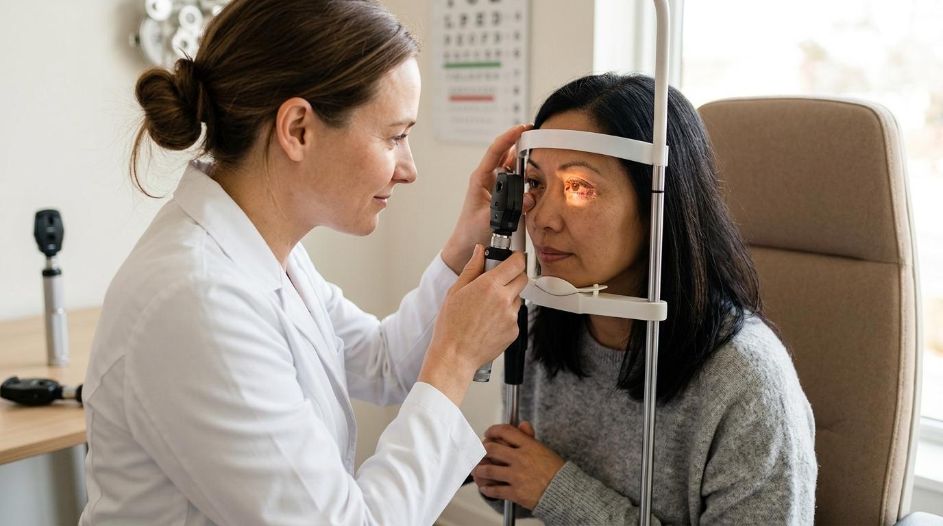 An eye care professional examining a woman with red, irritated eyes from blepharitis.