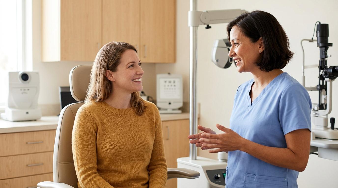 Patient speaking with an eye doctor during a clinic visit.