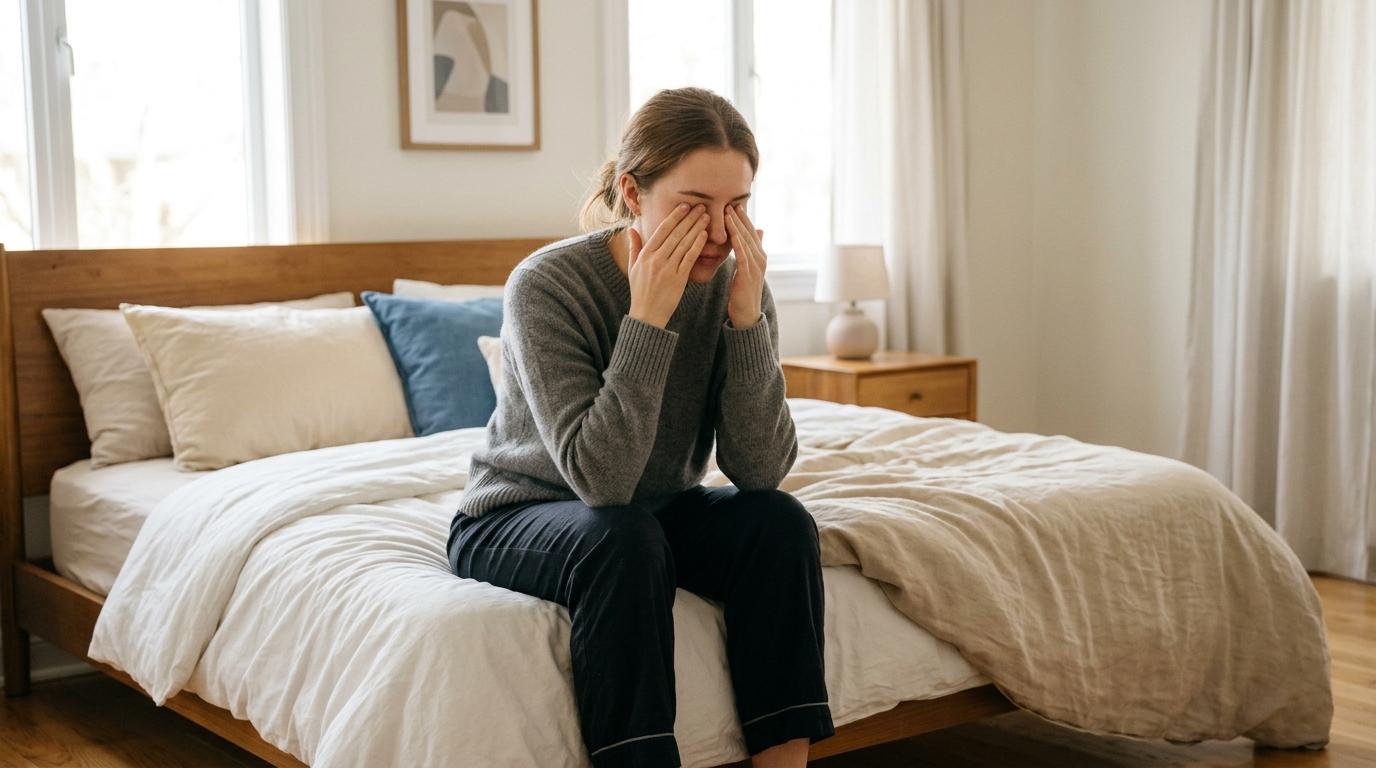 Person rubbing their eyes while sitting on a bed, showing signs of eye strain or discomfort.