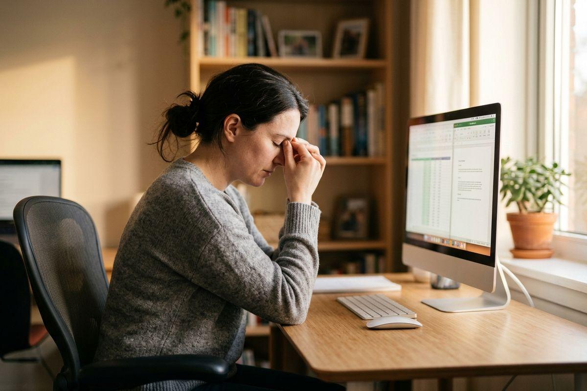 A person at a desk pinching the bridge of their nose with eyes closed, sitting before a computer with a spreadsheet on screen.