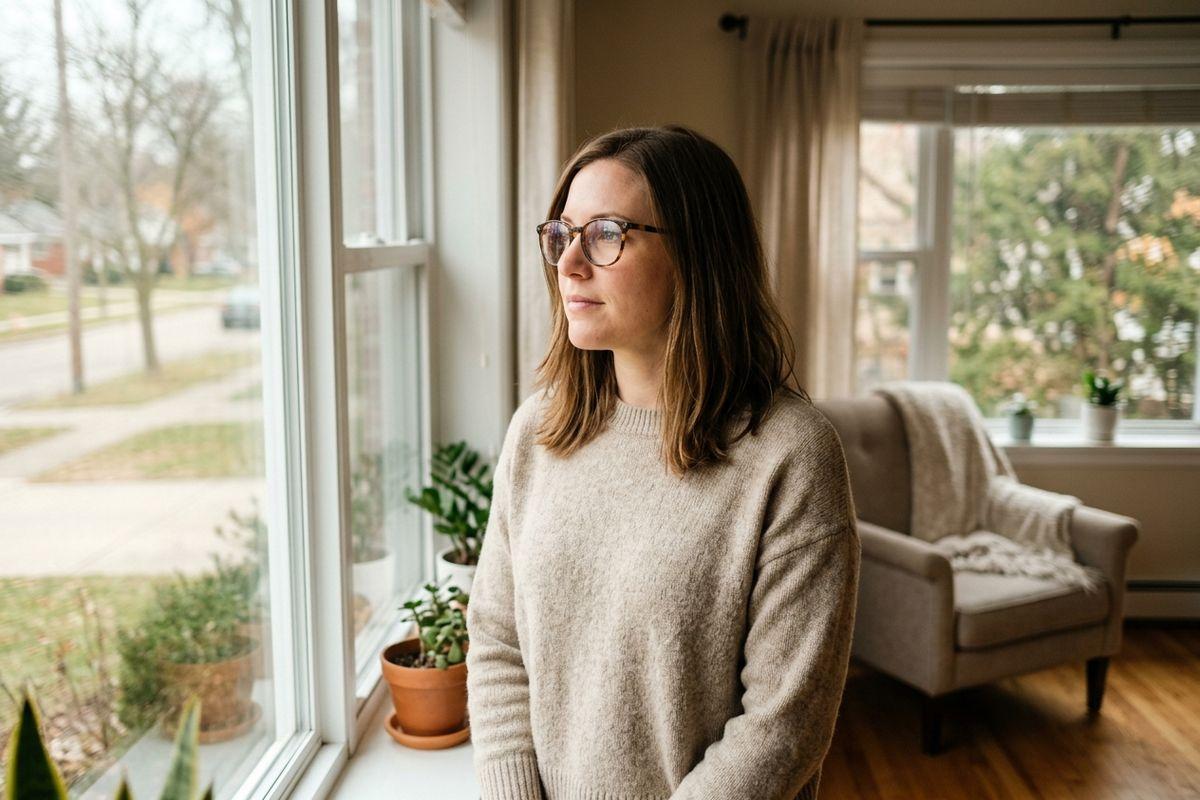 A person in glasses and a beige sweater gazing thoughtfully out a window in a living room with plants and an armchair.
