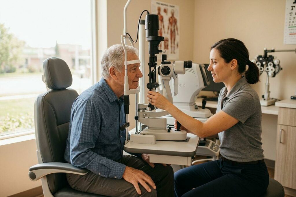 An optometrist examining an older adult's eyes using a slit lamp in an exam room with an eye chart on the wall.