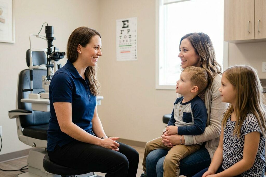An optometrist smiling and talking with an adult and two children in an eye exam room with a chart and slit lamp.