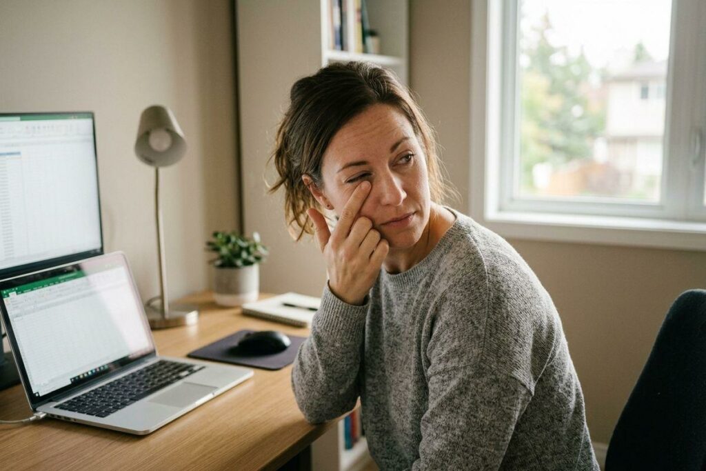 An adult rubbing their eye while sitting at a home desk with a laptop and monitor showing a spreadsheet, looking tired.