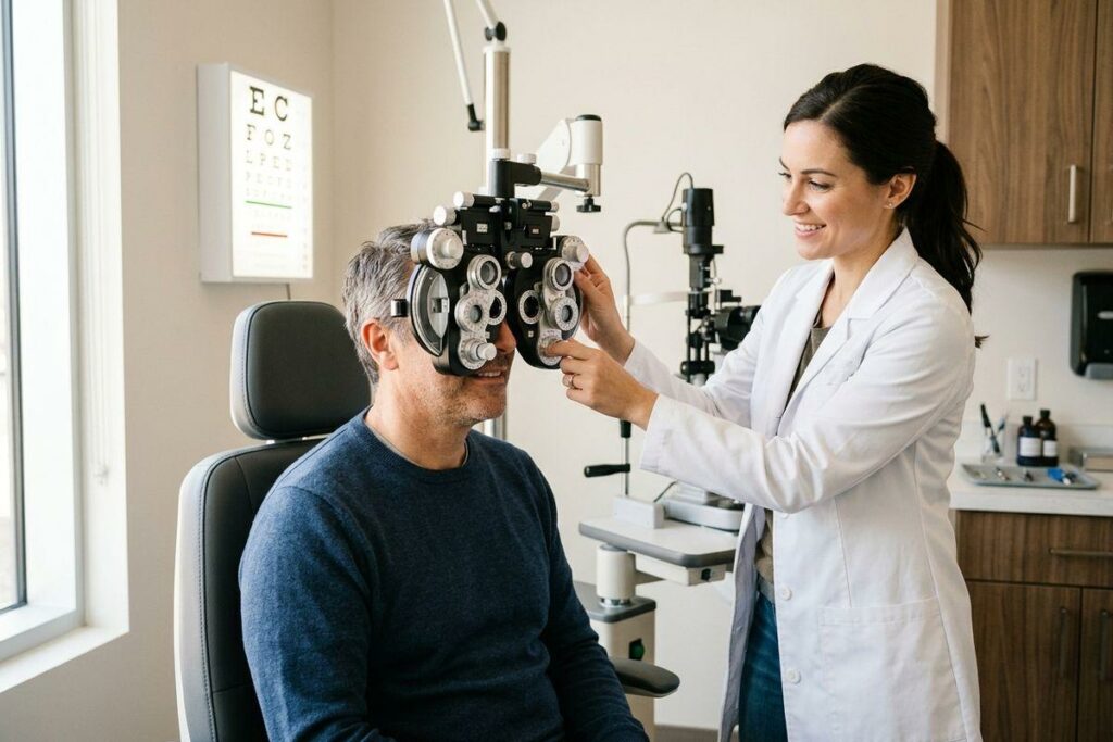 An optometrist adjusting a phoropter for a seated patient during an eye exam, with an eye chart on the wall.