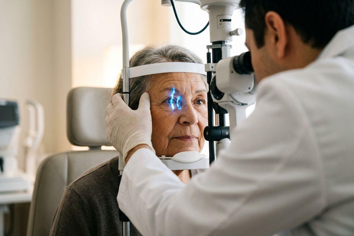 An optometrist examines an older adult's eye using a slit lamp with blue light in an exam room.
