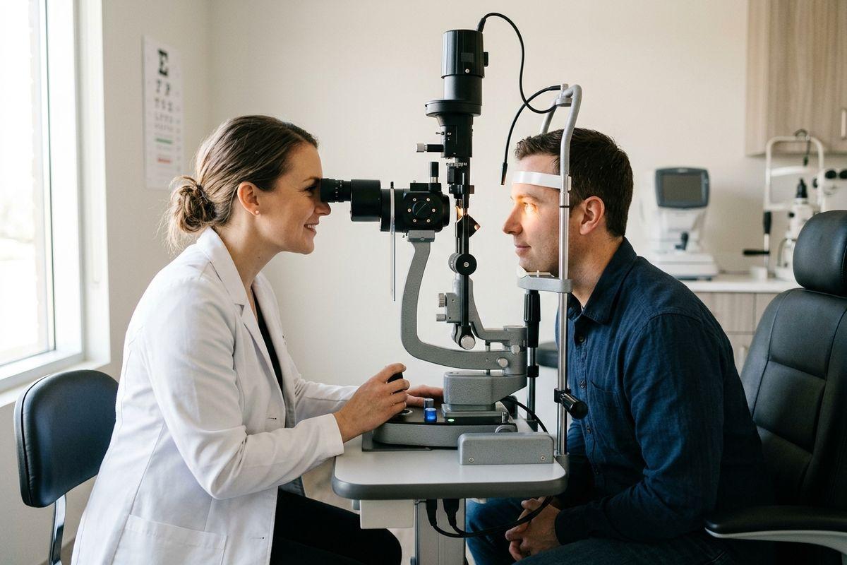 An optometrist smiling while examining a patient's eye using a slit lamp in an exam room.