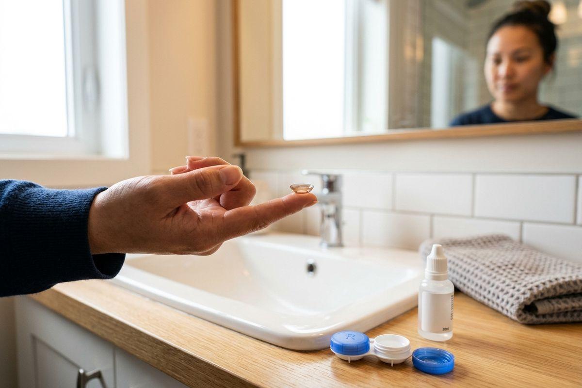 Person holding a contact lens on a fingertip at a bathroom sink, with lens case and solution nearby, reflected in mirror.