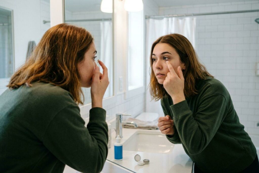 Person inserting a contact lens into their eye while looking in a bathroom mirror, with contact lens case and solution on counter.